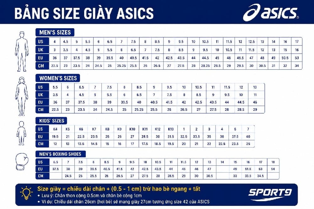 Bảng size giày Asics
