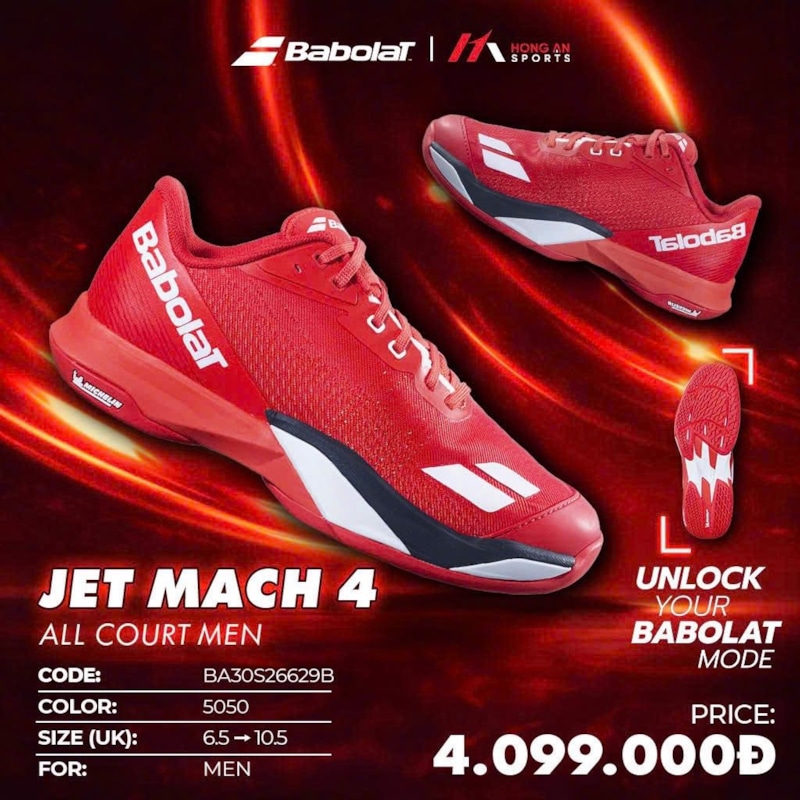 Giày Pickleball Babolat Jet Mach 4 All Court - Màu Đỏ - BA30S26629B - 5050 - ảnh 2