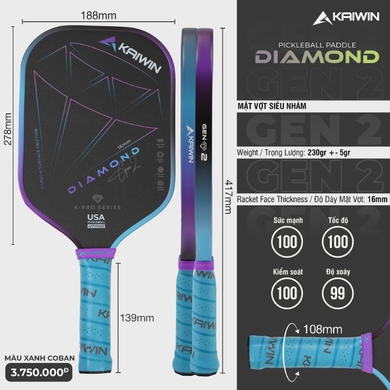 Vợt Pickleball Kaiwin Diamond Gen 2 - Màu Xanh Coban Tím - ảnh 2